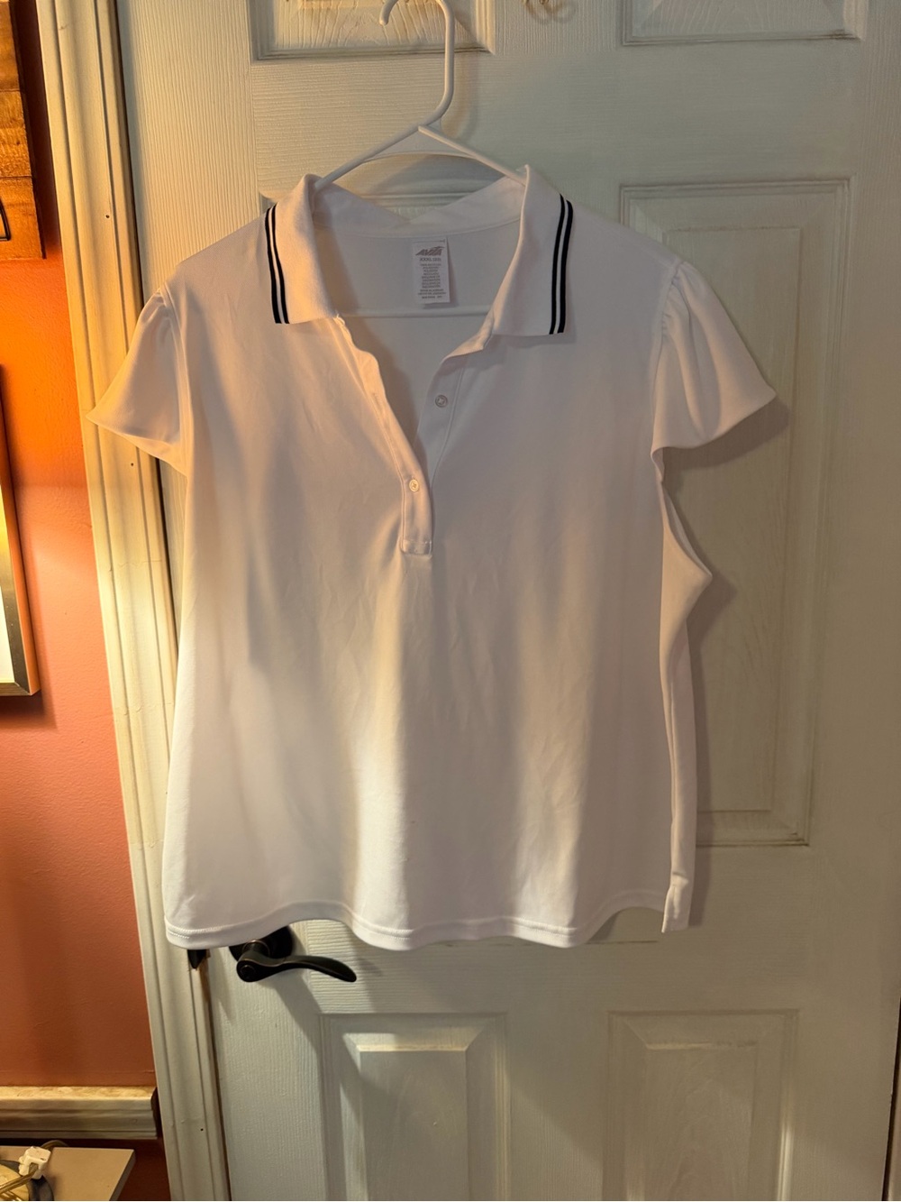 (Sale $5)White Polo Top with navy Collar detail- Women
